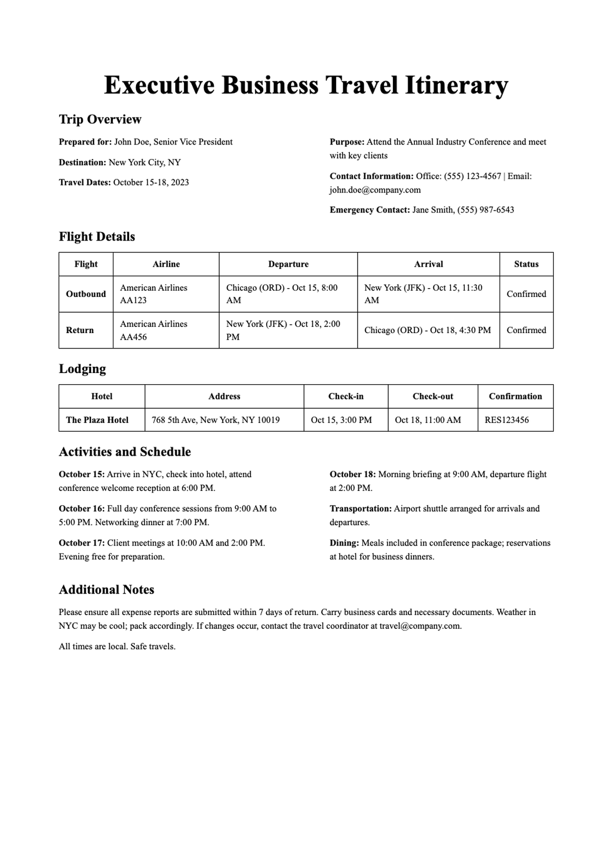 Professional business travel itinerary with flight lodging and activities details_variant_2